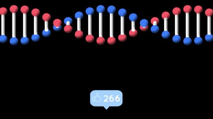 像数字不断增加的图标反对黑色背景上旋转的dna结构
