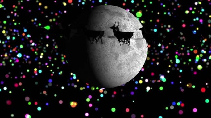 圣诞老人在雪橇上的动画，驯鹿在月亮和发光的斑点上