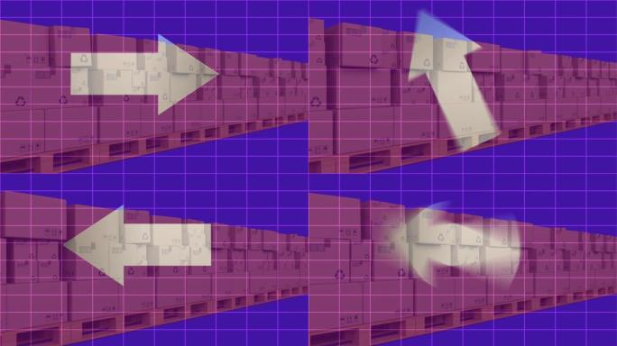 箭头图标在蓝色背景下的传送带上的多个盒子上的网格网络上移动
