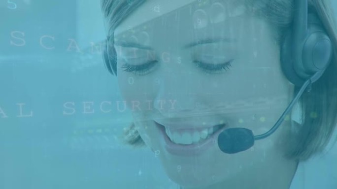 高加索女性客户服务主管在电话耳机上的网络安全数据处理