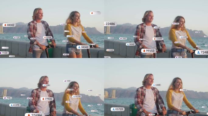 在海边度假时使用踏板车的微笑夫妇的社交媒体通知动画