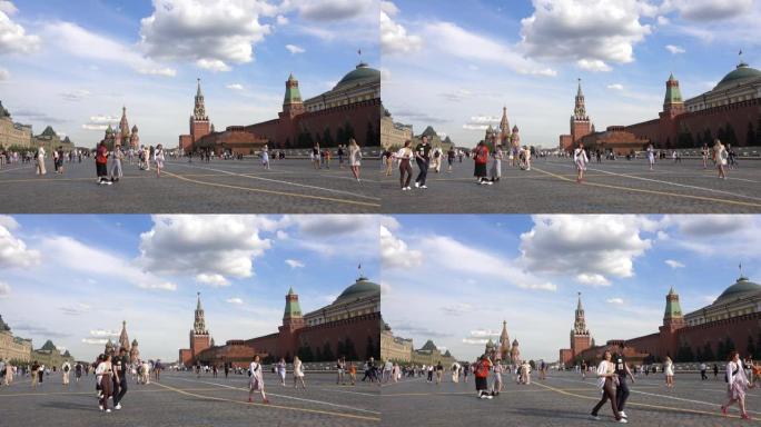 莫斯科红场、圣巴西尔主教座堂、斯帕斯克亚塔、参议院塔、列宁陵墓、行走的人。