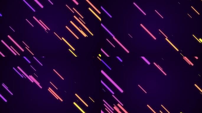 紫色背景上的彩色直线。霓虹灯、发光激光和线条的抽象无缝循环动画。空间中的抽象霓虹灯线。未来派科幻台词