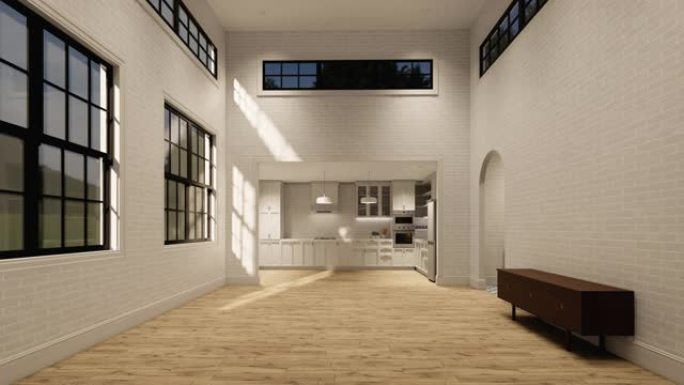 3d渲染动画延时。室内住宅带厨房的现代开放式生活空间。现代阁楼风格的复式公寓住宅。家居装饰室内设计。