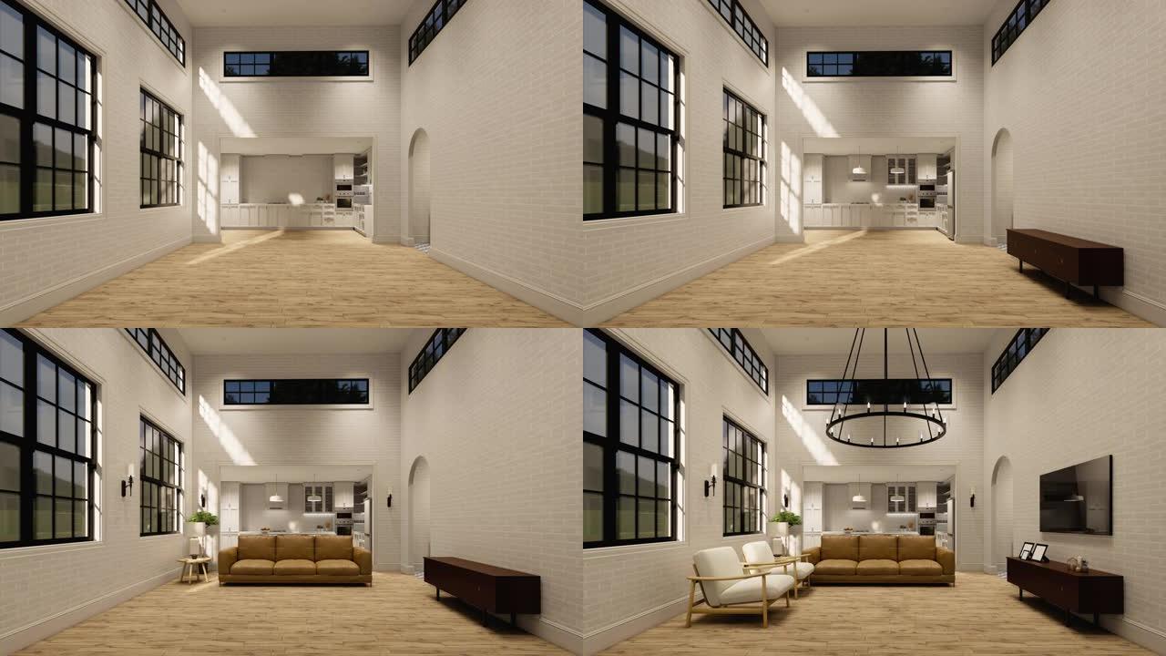 3d渲染动画延时。室内住宅带厨房的现代开放式生活空间。现代阁楼风格的复式公寓住宅。家居装饰室内设计。