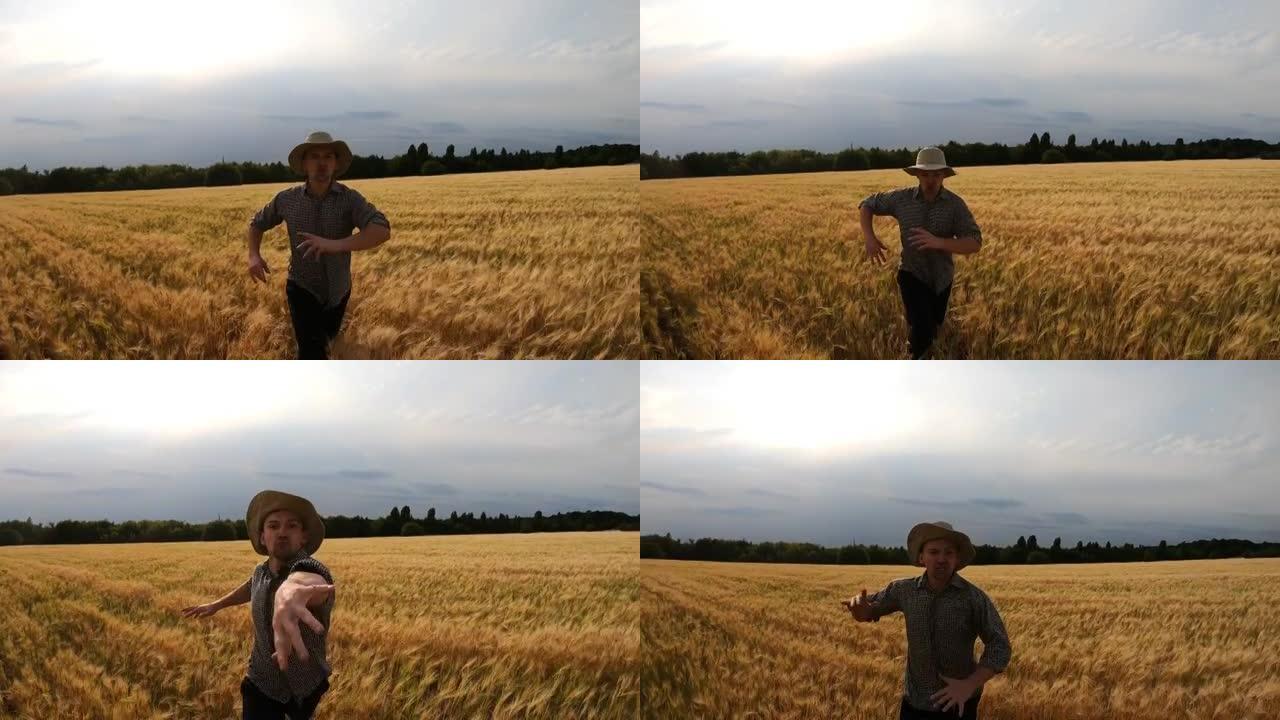 愤怒的农民在麦田里跑来对着镜头，试图抓住某人。年轻的农艺师在谷物草地上慢跑，并试图将某人从种植园中踢