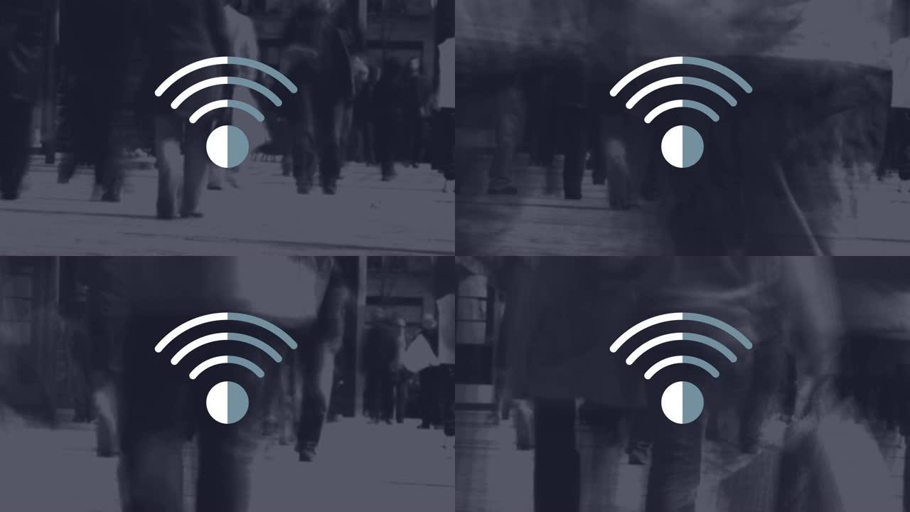 wifi数字图标在城市街道上漂浮在行人上的动画