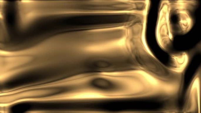 抽象背景，在闪亮的光泽表面上有波浪形闪闪发光的金色液体图案。