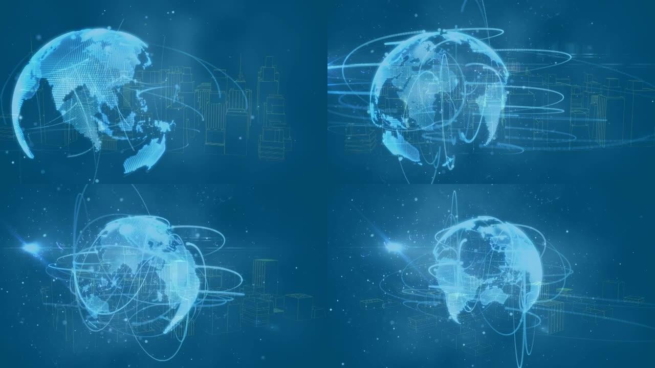 地球上的光迹和3d城市模型在蓝色背景下旋转