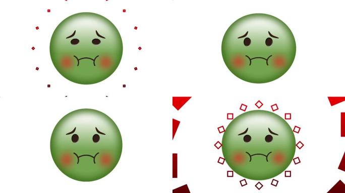 白色背景上绿色病态表情符号上抽象红色装饰设计的数字动画