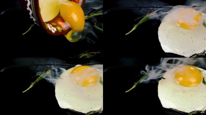 煎锅上的新鲜煎鸡蛋，家用厨房上的油炸迷迭香营养均衡食物。