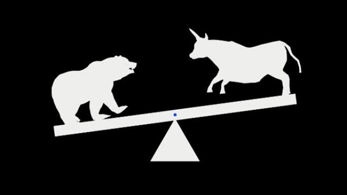证券交易所牛市和熊市的白色剪影在黑色背景上摇摆，循环