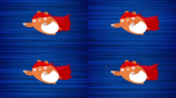 蓝色背景上的飞行仓鼠。坠落哺乳动物的循环动画。在动态抽象背景上移动仓鼠。运动中的动画动物。具有动作效