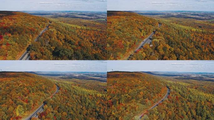 在秋天的傍晚，阿巴拉契亚山脉的高速公路上的偏远风景鸟瞰图与宾夕法尼亚州波科诺斯的偏远利哈伊谷。带有前