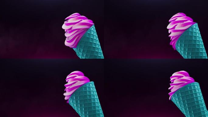 黑色背景上的粉色绿松石冰淇淋华夫饼筒填充动画