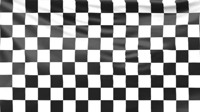 方格种族旗波浪形真丝织物飘扬。方程式赛车旗帜背景。胜利、成就、成功和体育理念。逼真的无缝循环3D动画