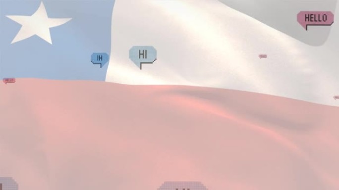 hello文本在多个语音气泡上的数字构图，以对抗智利挥舞的旗帜
