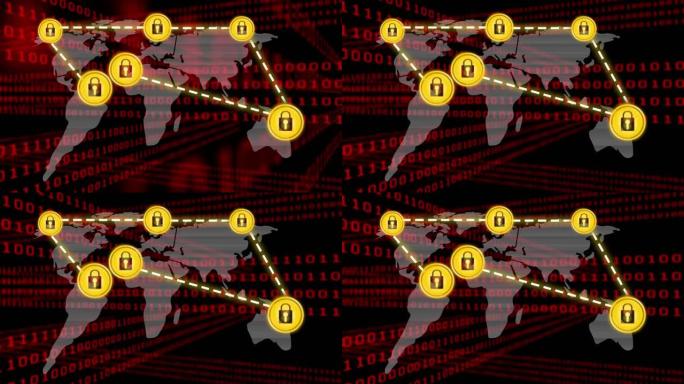 二进制代码动画，黑暗背景上的在线安全挂锁连接网络