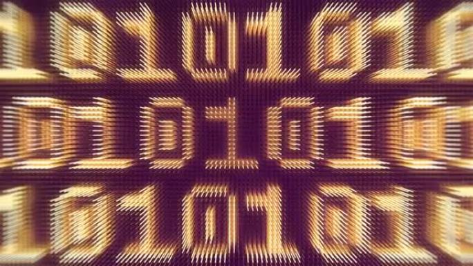 抽象数字发光二极管表面的3d渲染无缝循环动画。零和一的线在led记分牌上不断向不同方向移动。4K，超