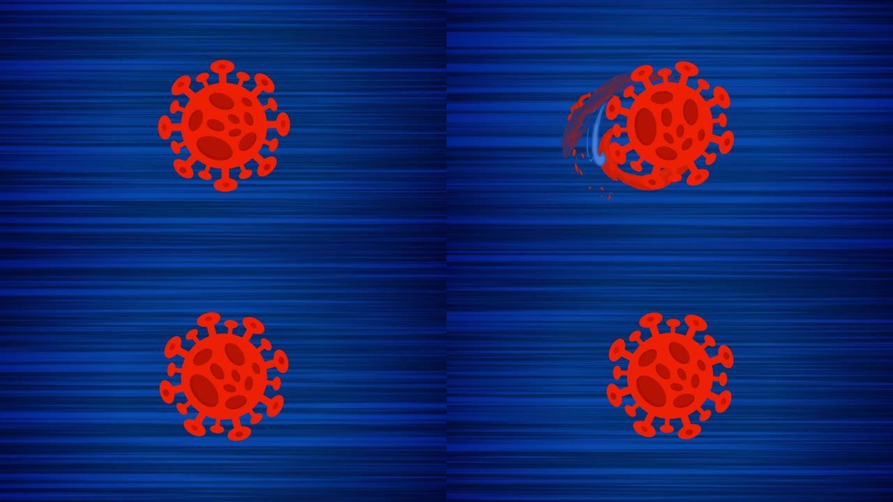 蓝色背景上的飞行病毒。跳跃日冕病毒的循环动画。在动态抽象背景上移动COVID。运动中的动画新型冠状病