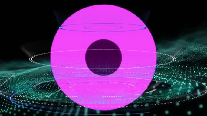 多个圆形扫描仪和绿色数字波上的紫色抽象形状的数字动画