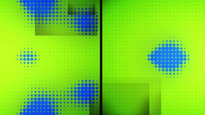 绿色背景上有灰色正方形和蓝色像素变化大小的分屏动画