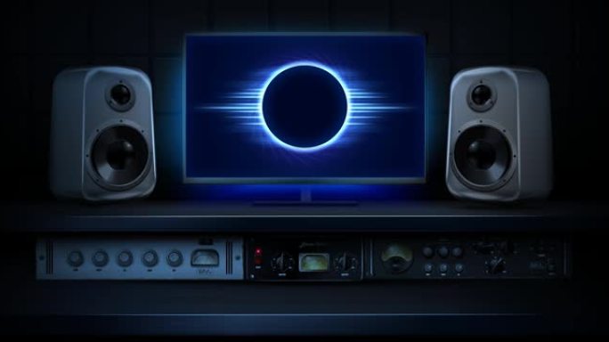 显示器上配有霓虹灯均衡器的音乐录音棚。2D数字图形。
