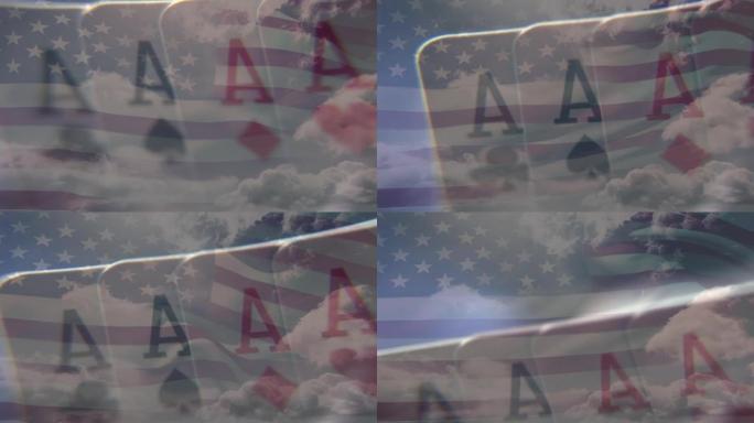 动画的扑克牌与四个王牌超过美国国旗
