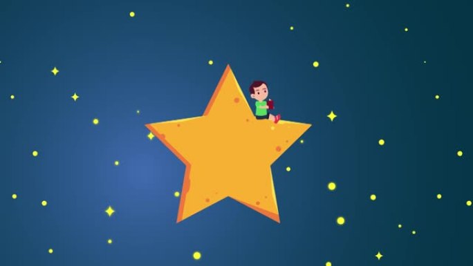 小男孩动画看书坐在星星上
