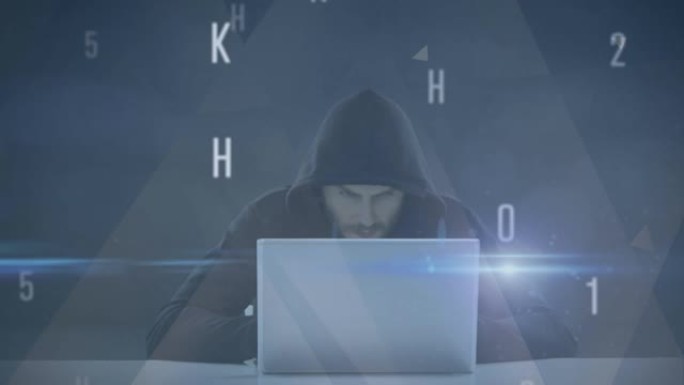 在黑暗的房间里使用笔记本电脑对蒙面黑客进行数据处理的动画