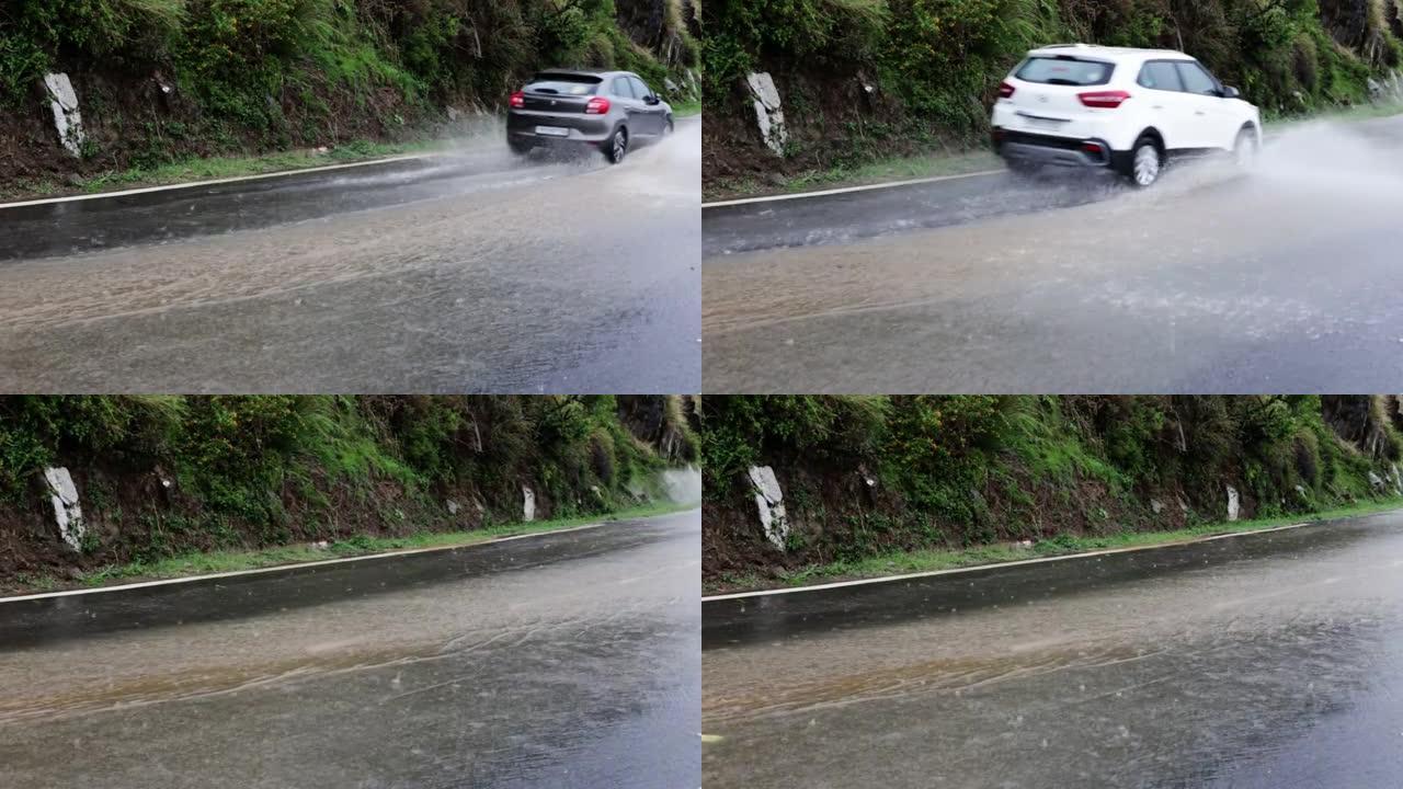 印度喜马偕尔邦山区公路上的大雨
