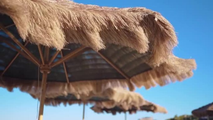 草伞在晴朗的蓝天背景下在微风中挥舞，沙滩草伞可防止阳光直射和皮肤发炎。夏季游客沙滩伞装饰