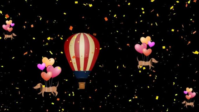 在黑暗背景上热气球飞行和飞狗的动画
