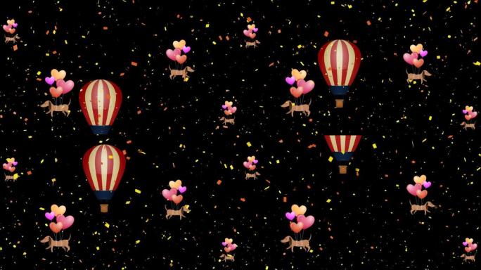 在黑暗背景上热气球飞行和飞狗的动画