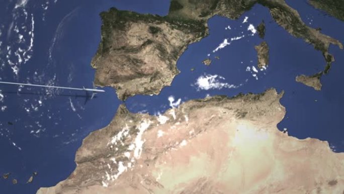 地图上飞往阿尔及尔阿尔及利亚的商用飞机的路线