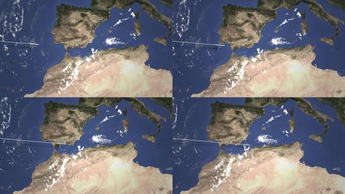 地图上飞往阿尔及尔阿尔及利亚的商用飞机的路线