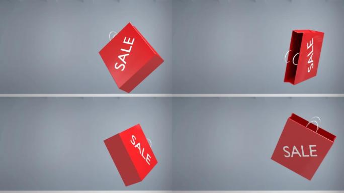 灰色背景上复制空间的红色销售袋旋转动画