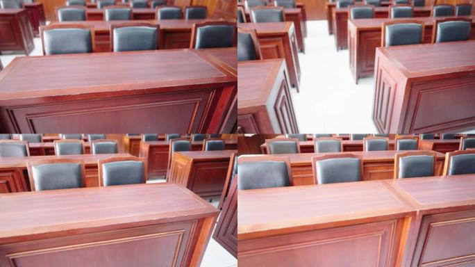 司法、法官和审判法庭的桌子和椅子。拍卖。法律与正义，合法性概念，法官。