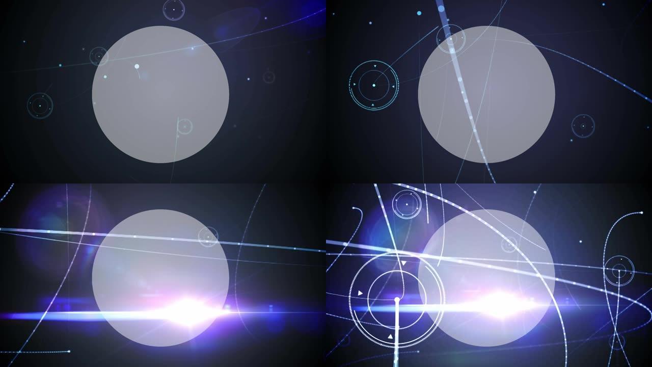 蓝色背景上带有复制空间的圆形横幅上的连接网络的数字动画