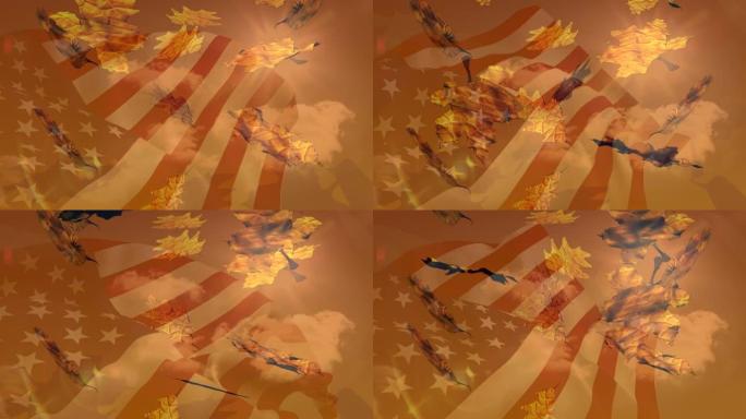 数字构图的美国飘扬的旗帜在秋天的落叶飘落在天空的云