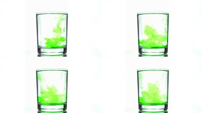 用纯净水将几滴酸性绿色墨水滴入玻璃中