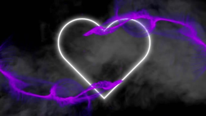霓虹灯心脏图标上的紫色数字波数字动画对着砖墙