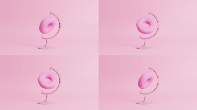 创意点子颜色甜甜圈在柔和的粉色背景上模仿最小创意概念。3D动画
