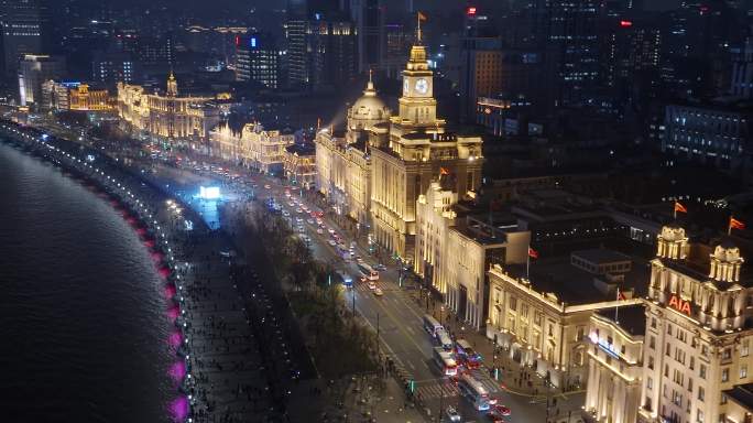 航拍上海外滩夜景-万国建筑群