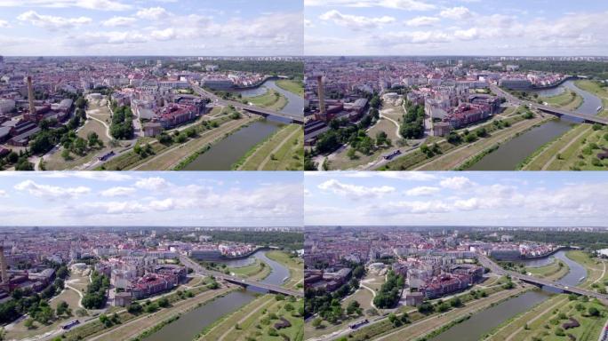 波兹南，波兰城市白天。太阳，老城区，波兹南的街道，瓦尔塔河和河上的桥梁。