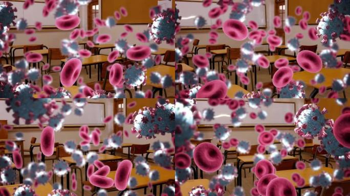 空教室上冠状病毒细胞的动画