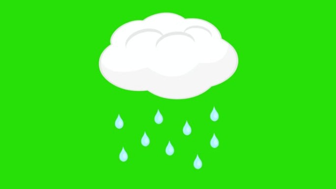 云的循环动画，水滴像雨一样落下，雨天概念和绿色色度背景