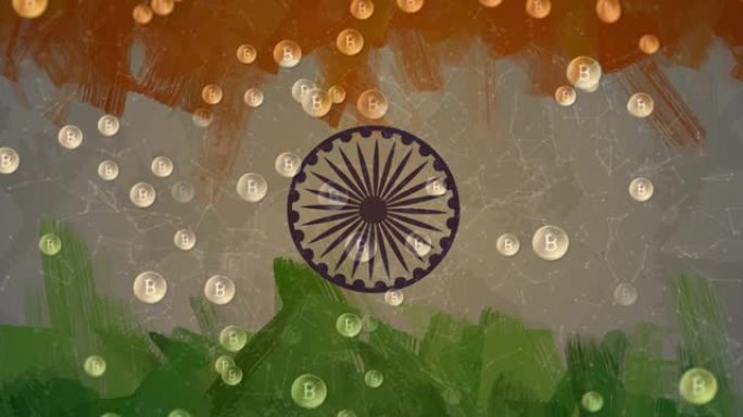 印度国旗和比特币坠落的动画