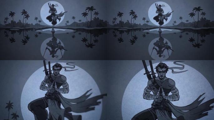 抽象的夜晚动画场景，一名武士和武士刀站在一条腿上，在战斗前冥想。库存镜头。卡通，一个亚洲愤怒的战士站