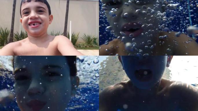 7岁的巴西孩子，无牙，跳进游泳池，制作了自己的视频。